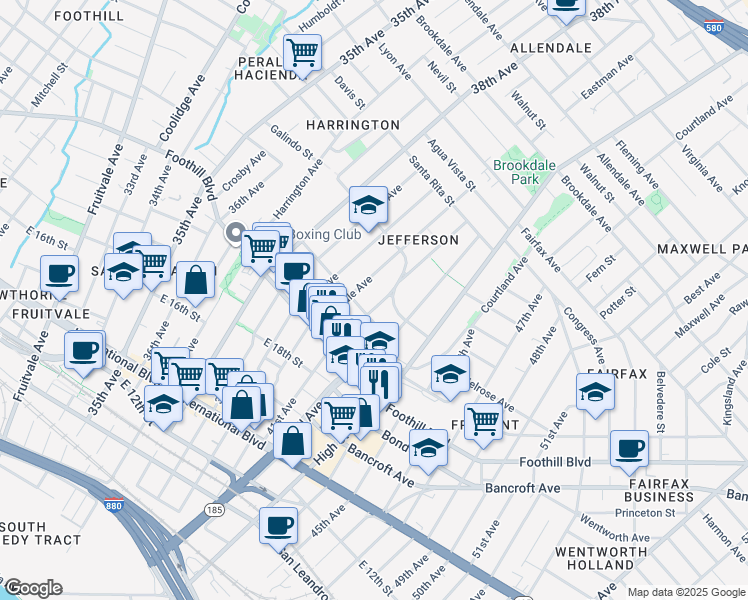 map of restaurants, bars, coffee shops, grocery stores, and more near 2017 41st Avenue in Oakland