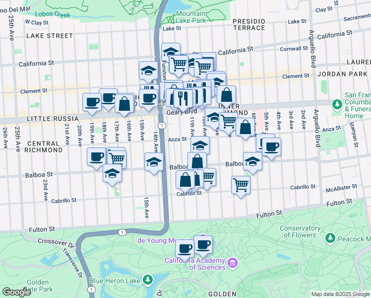 map of restaurants, bars, coffee shops, grocery stores, and more near 576 12th Avenue in San Francisco