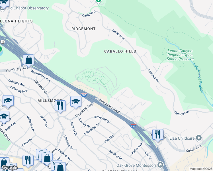 map of restaurants, bars, coffee shops, grocery stores, and more near 6299 Rocky Point Court in Oakland