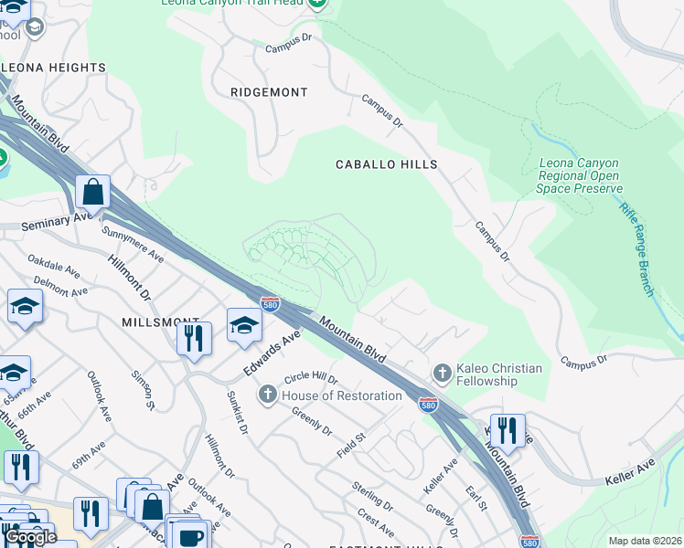 map of restaurants, bars, coffee shops, grocery stores, and more near 6299 Rocky Point Court in Oakland