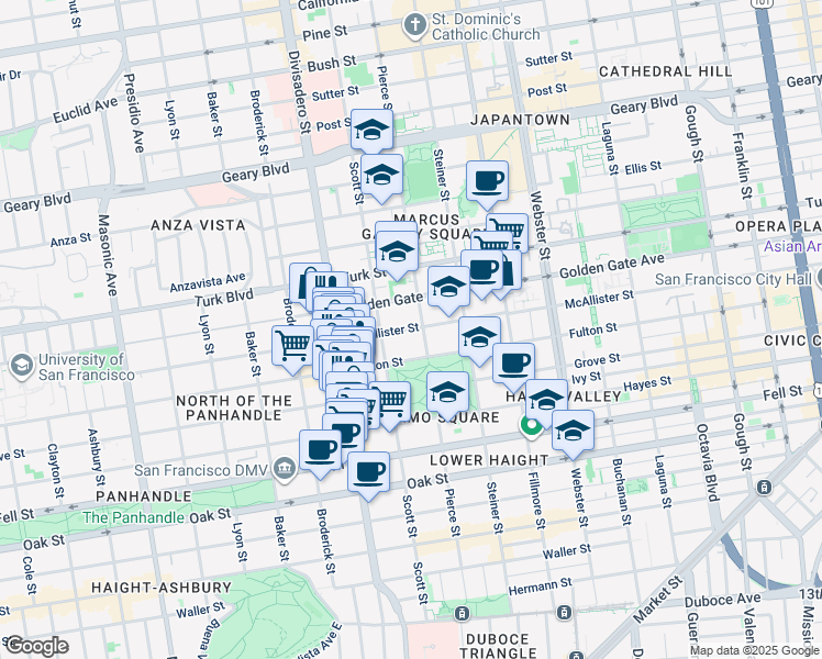 map of restaurants, bars, coffee shops, grocery stores, and more near 1425 McAllister Street in San Francisco
