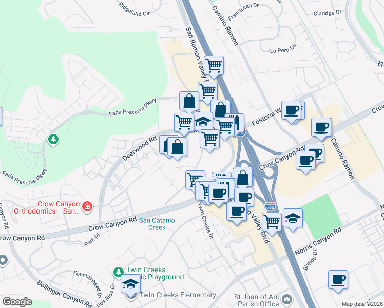 map of restaurants, bars, coffee shops, grocery stores, and more near 2600 Old Crow Canyon Road in San Ramon