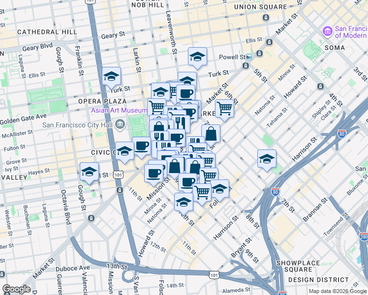 map of restaurants, bars, coffee shops, grocery stores, and more near 33 8th Street in San Francisco