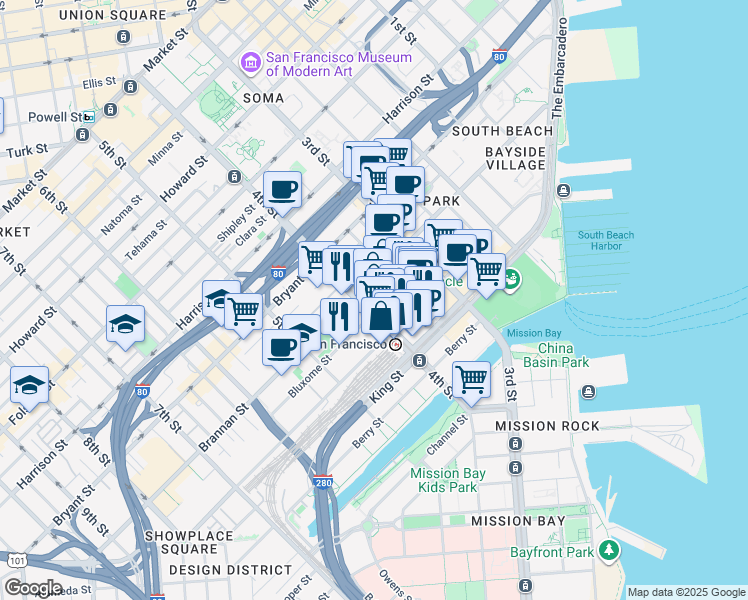 map of restaurants, bars, coffee shops, grocery stores, and more near 660 4th Street in San Francisco