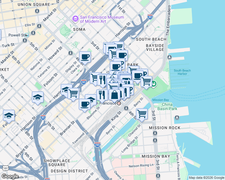 map of restaurants, bars, coffee shops, grocery stores, and more near 601 4th Street in San Francisco