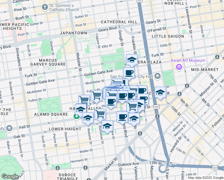 map of restaurants, bars, coffee shops, grocery stores, and more near 531 Grove Street in San Francisco