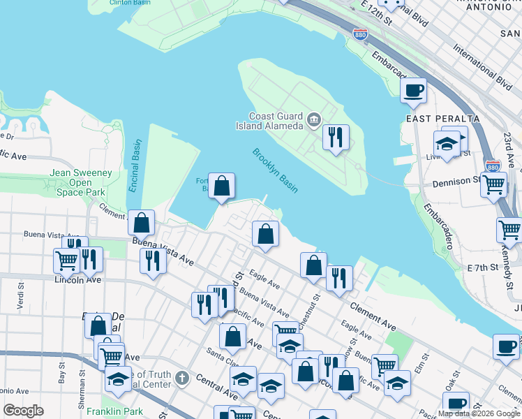 map of restaurants, bars, coffee shops, grocery stores, and more near 2086 Hibbard Street in Alameda