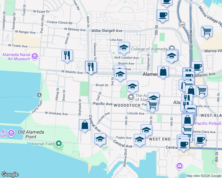 map of restaurants, bars, coffee shops, grocery stores, and more near 1811 3rd Street in Alameda