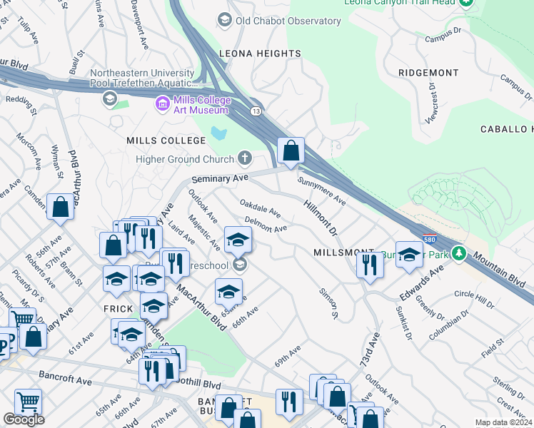 map of restaurants, bars, coffee shops, grocery stores, and more near 6193 Oakdale Avenue in Oakland