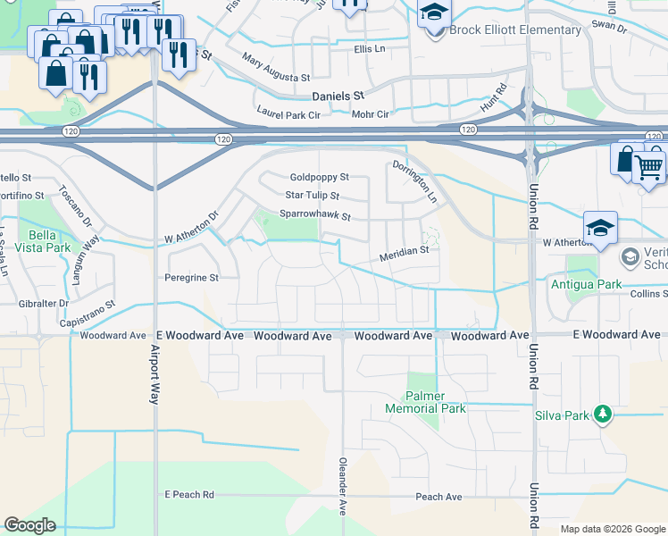 map of restaurants, bars, coffee shops, grocery stores, and more near 1617 Oleander Avenue in Manteca