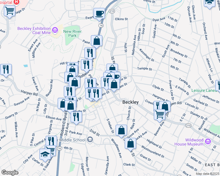 map of restaurants, bars, coffee shops, grocery stores, and more near in Beckley