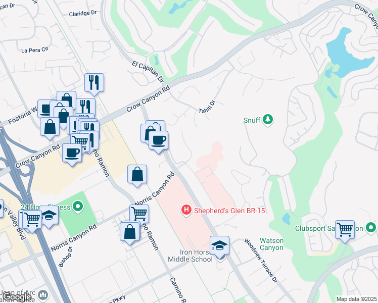 map of restaurants, bars, coffee shops, grocery stores, and more near 407 Norris Canyon Terrace in San Ramon