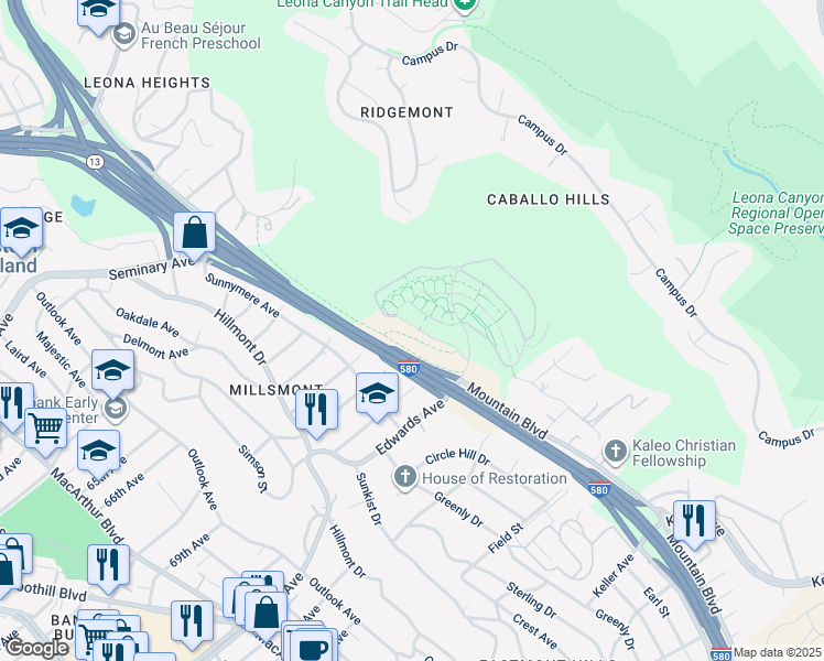 map of restaurants, bars, coffee shops, grocery stores, and more near 6044 Old Quarry Loop in Oakland