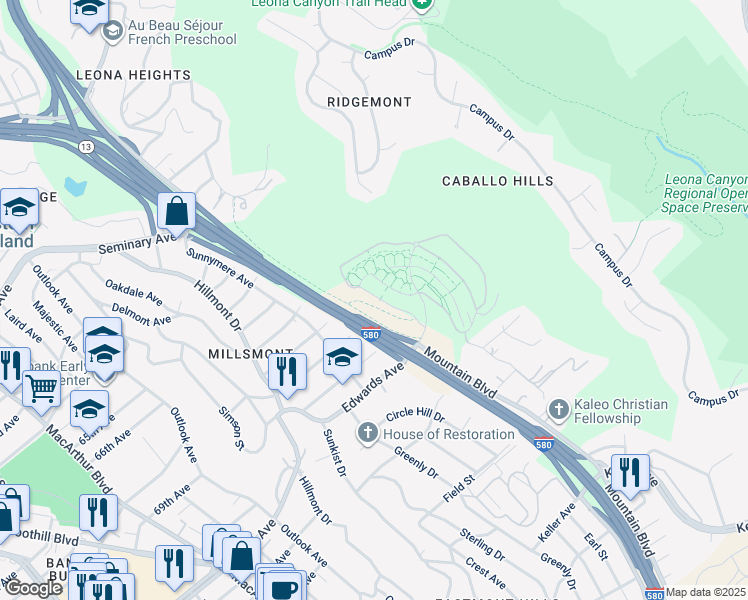 map of restaurants, bars, coffee shops, grocery stores, and more near 6042 Old Quarry Loop in Oakland