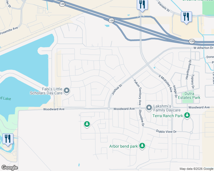 map of restaurants, bars, coffee shops, grocery stores, and more near 3223 Nightfall Drive in Manteca