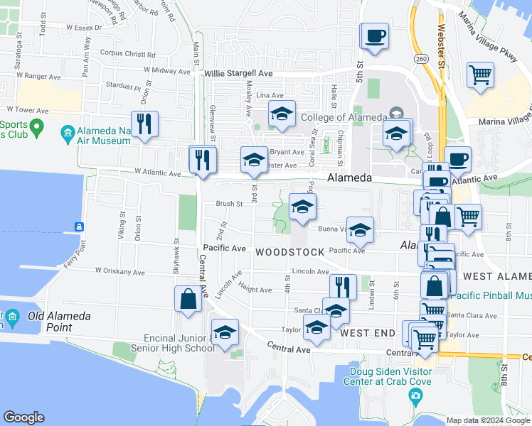 map of restaurants, bars, coffee shops, grocery stores, and more near 1812 3rd Street in Alameda