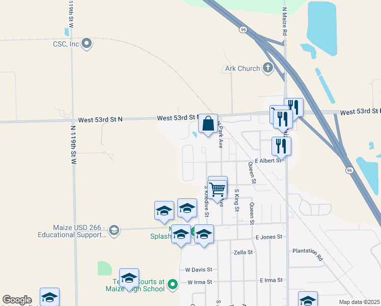 map of restaurants, bars, coffee shops, grocery stores, and more near 300 West Albert Street in Maize