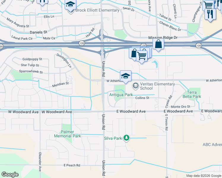 map of restaurants, bars, coffee shops, grocery stores, and more near 1620 Bermuda Lane in Manteca