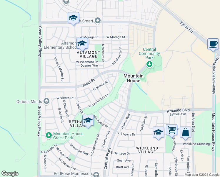 map of restaurants, bars, coffee shops, grocery stores, and more near 319 West Las Brisas Drive in Mountain House