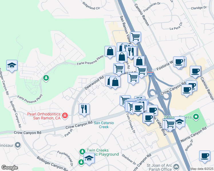 map of restaurants, bars, coffee shops, grocery stores, and more near 540 Ryan Terrace in San Ramon