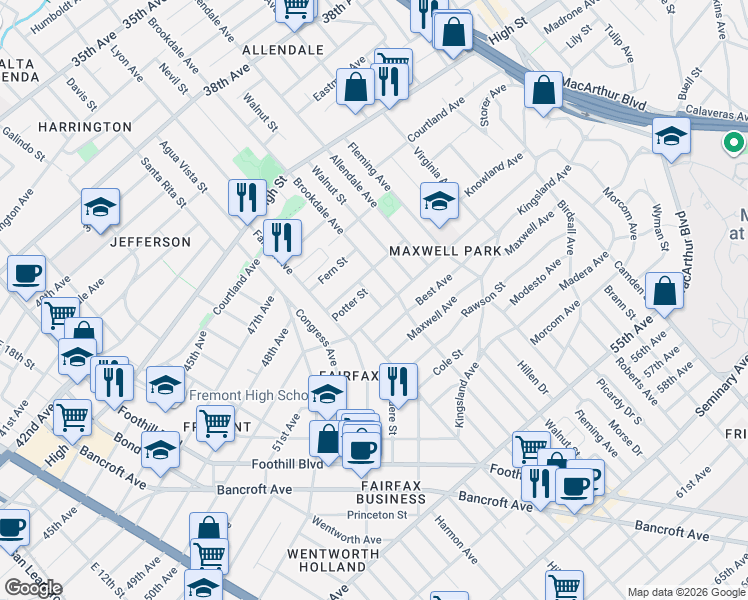 map of restaurants, bars, coffee shops, grocery stores, and more near 2440 Monticello Avenue in Oakland