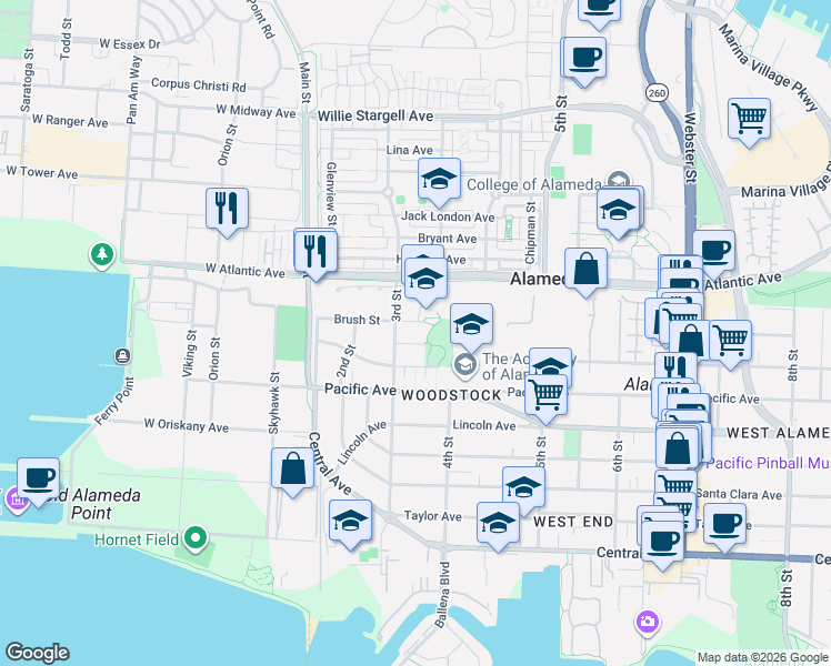 map of restaurants, bars, coffee shops, grocery stores, and more near 1812 3rd Street in Alameda