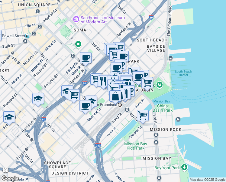 map of restaurants, bars, coffee shops, grocery stores, and more near 660 4th Street in San Francisco