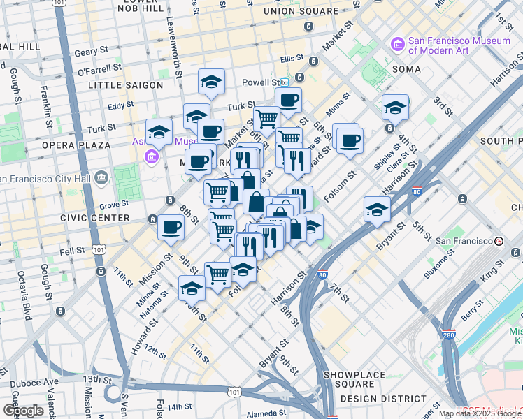 map of restaurants, bars, coffee shops, grocery stores, and more near 1108 Howard Street in San Francisco