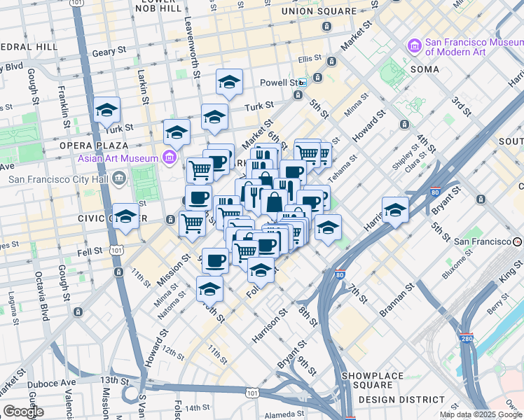 map of restaurants, bars, coffee shops, grocery stores, and more near 1136 Howard Street in San Francisco