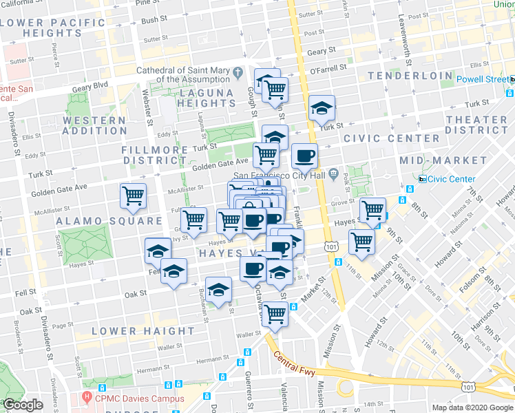 map of restaurants, bars, coffee shops, grocery stores, and more near 465 Grove Street in San Francisco