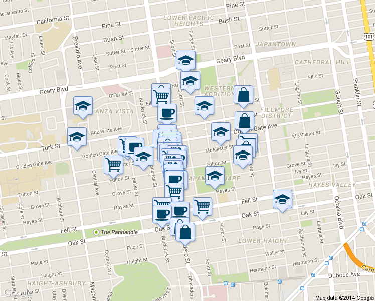 map of restaurants, bars, coffee shops, grocery stores, and more near 1555 McAllister Street in San Francisco