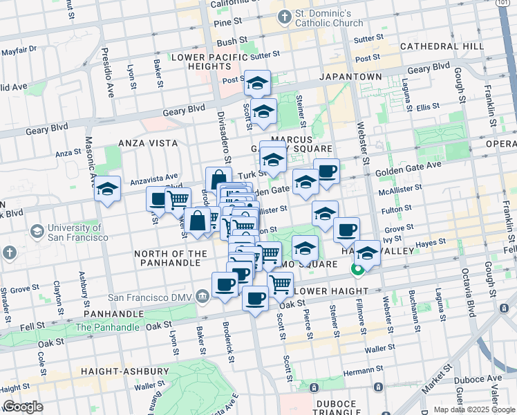 map of restaurants, bars, coffee shops, grocery stores, and more near 1555 McAllister Street in San Francisco