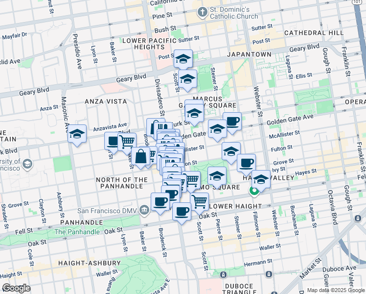 map of restaurants, bars, coffee shops, grocery stores, and more near 1555 McAllister Street in San Francisco