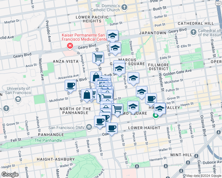 map of restaurants, bars, coffee shops, grocery stores, and more near 1555 McAllister Street in San Francisco