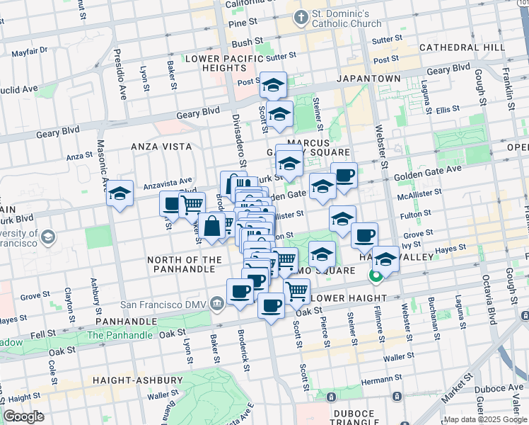 map of restaurants, bars, coffee shops, grocery stores, and more near 1555 McAllister Street in San Francisco