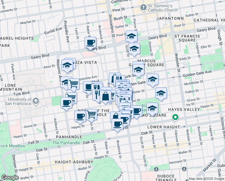 map of restaurants, bars, coffee shops, grocery stores, and more near 1711 McAllister Street in San Francisco