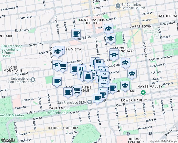 map of restaurants, bars, coffee shops, grocery stores, and more near 1711 McAllister Street in San Francisco