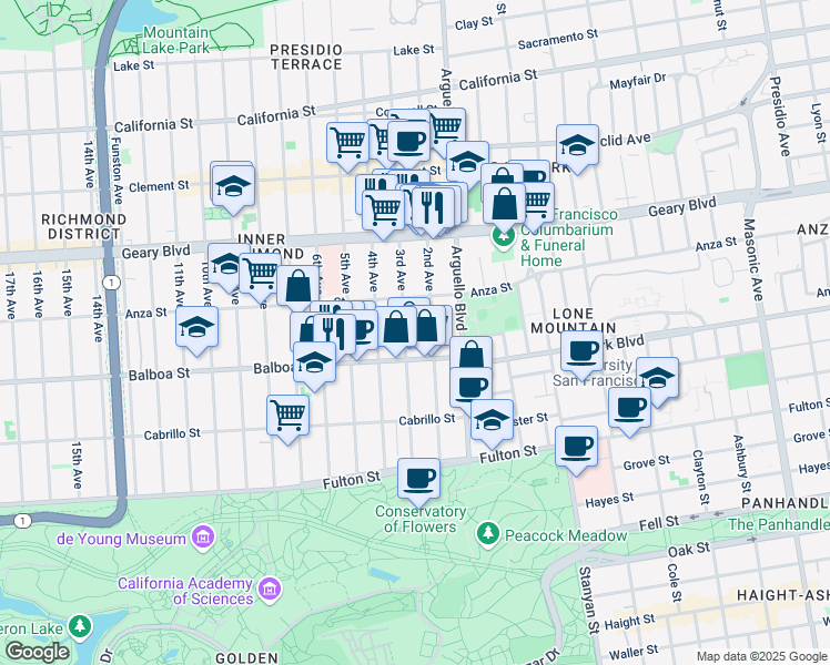map of restaurants, bars, coffee shops, grocery stores, and more near 597 2nd Avenue in San Francisco
