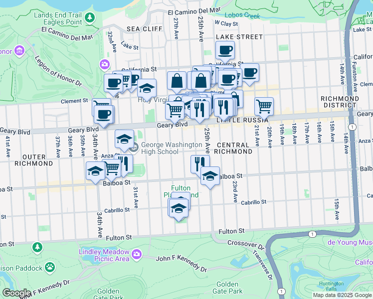 map of restaurants, bars, coffee shops, grocery stores, and more near 627 27th Avenue in San Francisco