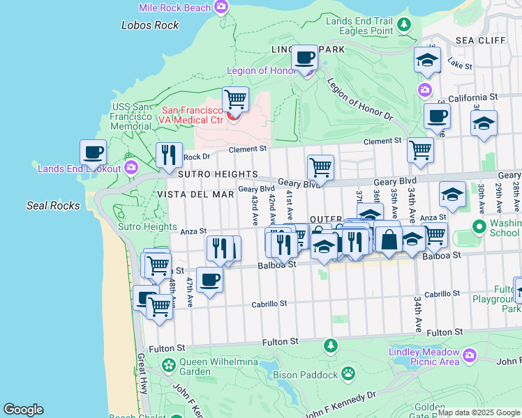 map of restaurants, bars, coffee shops, grocery stores, and more near 5130 Anza Street in San Francisco