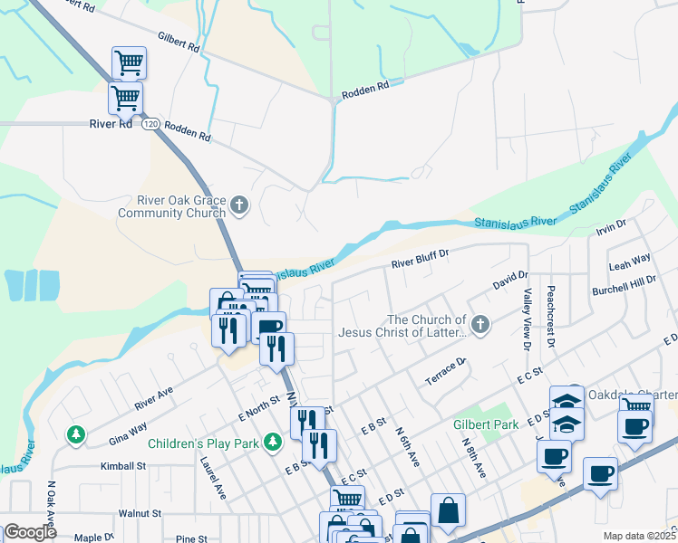 map of restaurants, bars, coffee shops, grocery stores, and more near 803 River Bluff Drive in Oakdale