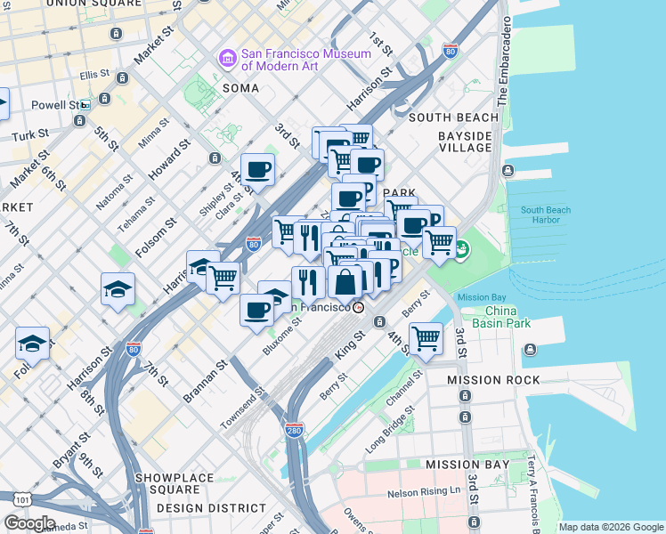 map of restaurants, bars, coffee shops, grocery stores, and more near 660 4th Street in San Francisco