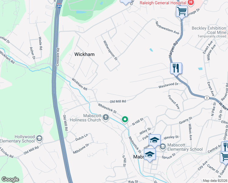 map of restaurants, bars, coffee shops, grocery stores, and more near 340 Westwood Drive in Beckley