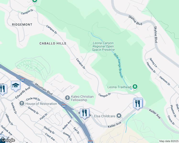 map of restaurants, bars, coffee shops, grocery stores, and more near 13700 Campus Drive in Oakland