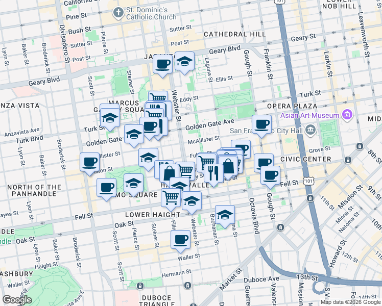 map of restaurants, bars, coffee shops, grocery stores, and more near 762 Fulton Street in San Francisco