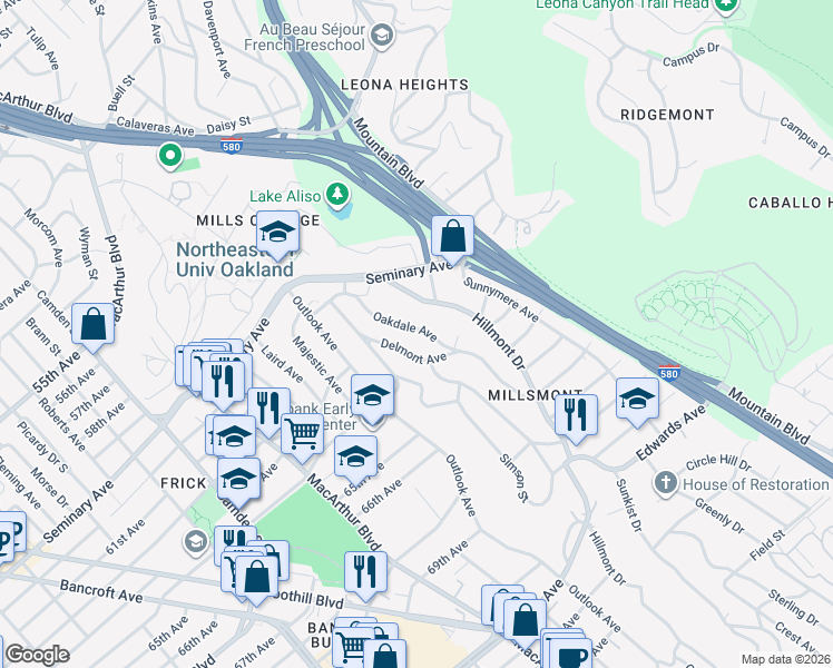 map of restaurants, bars, coffee shops, grocery stores, and more near 6193 Oakdale Avenue in Oakland