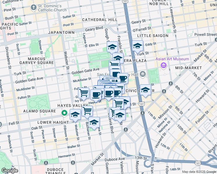 map of restaurants, bars, coffee shops, grocery stores, and more near 465 Grove Street in San Francisco