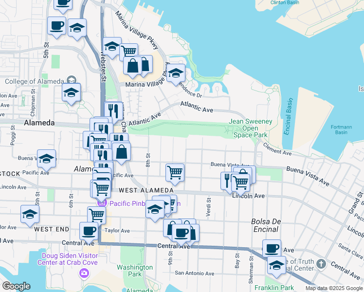 map of restaurants, bars, coffee shops, grocery stores, and more near 1837 Wood Street in Alameda