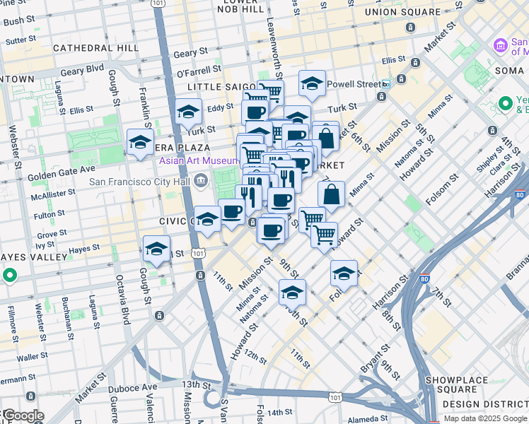 map of restaurants, bars, coffee shops, grocery stores, and more near 1234 Market Street in San Francisco