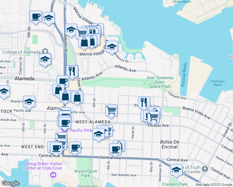 map of restaurants, bars, coffee shops, grocery stores, and more near 1837 Wood Street in Alameda